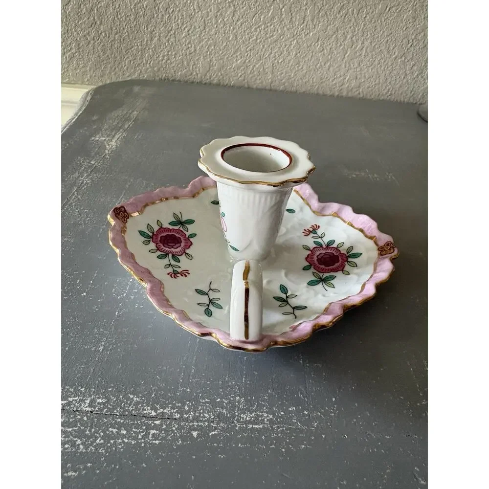 Vintage Lord & Taylor Japan Floral Chamberstick Finger Loop Candle Holder